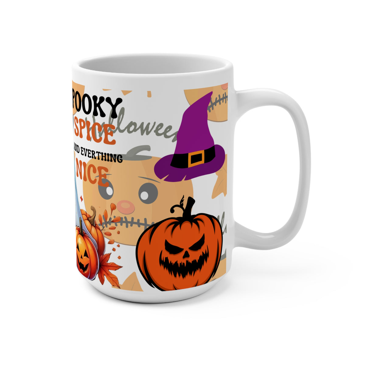 "Spooky Spice and Everything Nice" 15oz Halloween Ghost Mug — Pumpkin Latte Coffee Cup