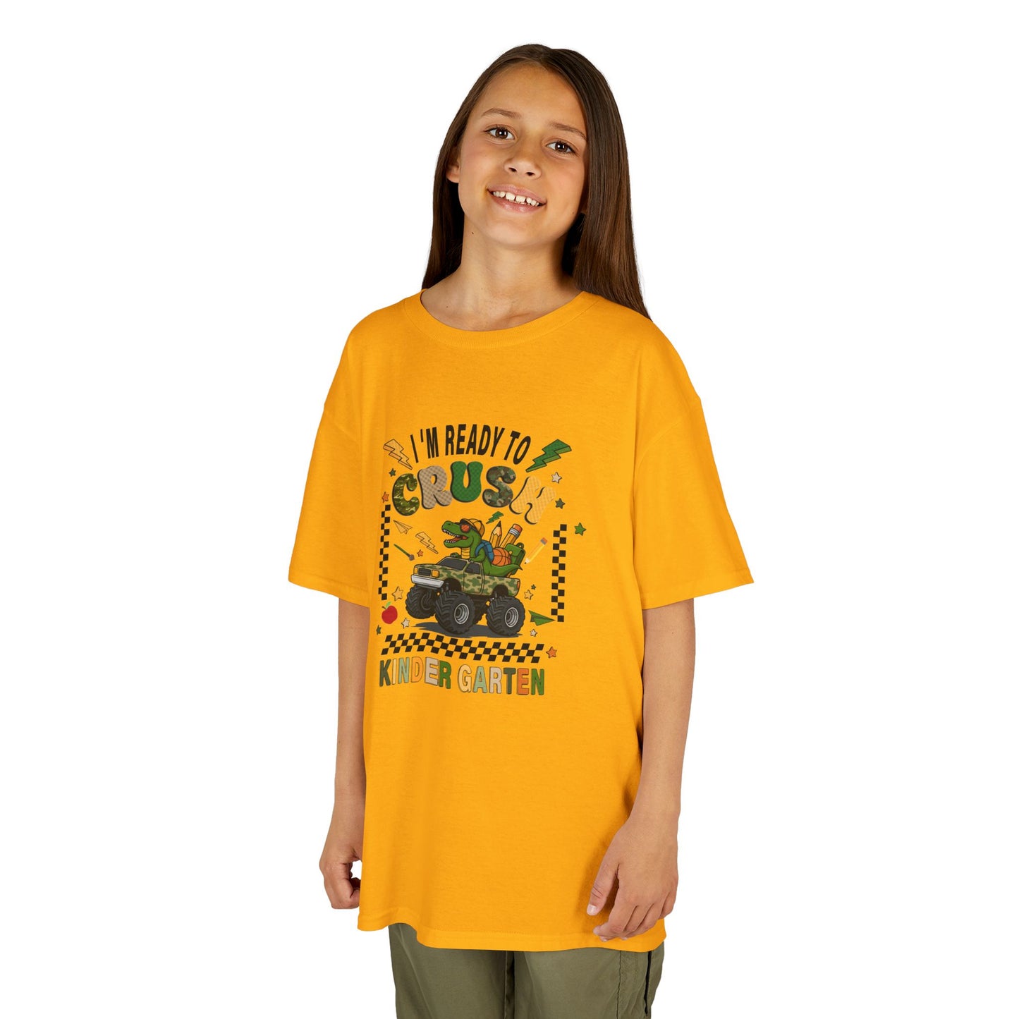 Kids T-Shirt — "I'm Ready to Crush Kindergarten" Dinosaur Monster Truck Back-to-School Tee