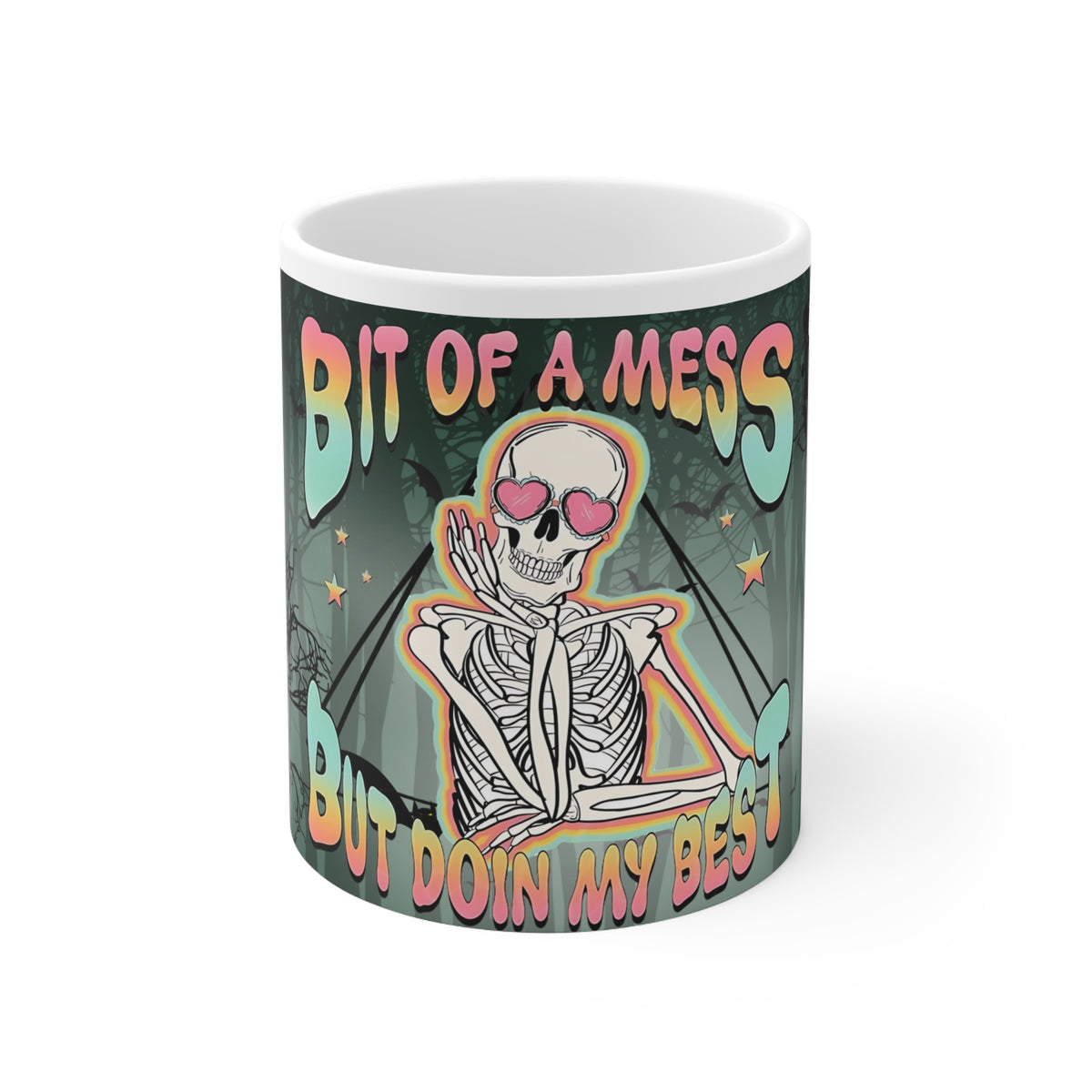 Bit of a Mess But Doin' My Best Ceramic Mug — Cute Skeleton & Ghost Halloween Coffee Cup
