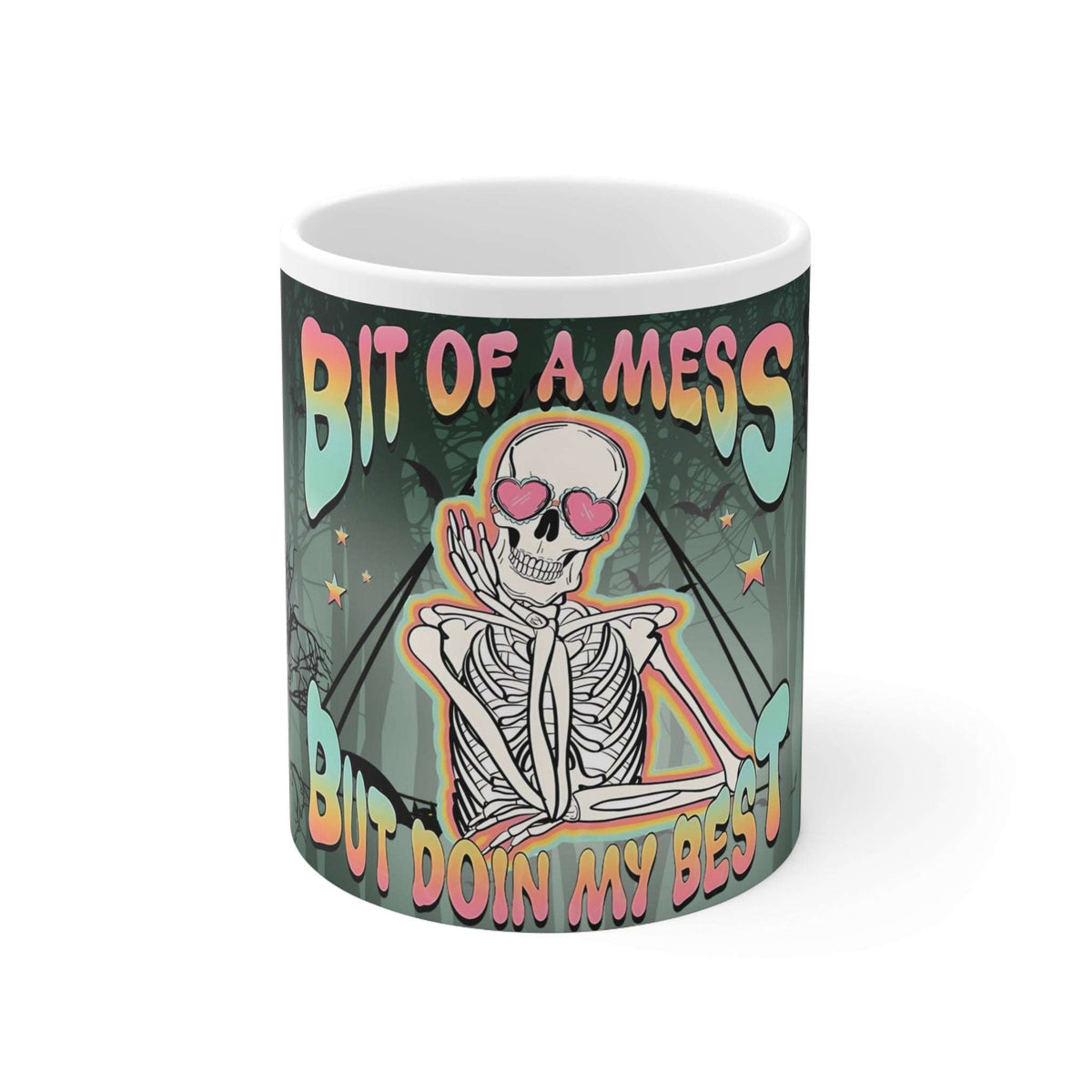 Bit of a Mess But Doin' My Best Ceramic Mug — Cute Skeleton & Ghost Halloween Coffee Cup