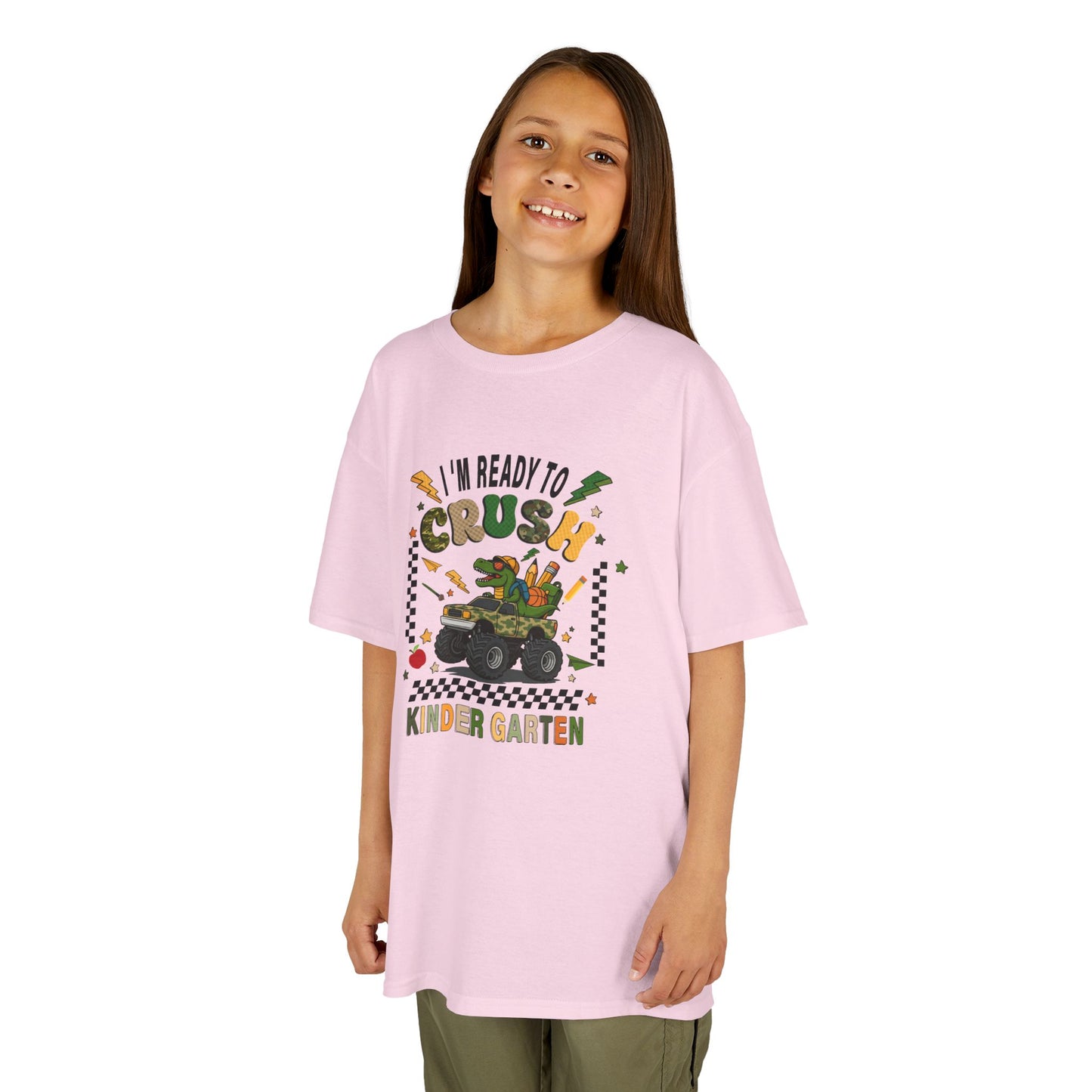 Kids T-Shirt — "I'm Ready to Crush Kindergarten" Dinosaur Monster Truck Back-to-School Tee