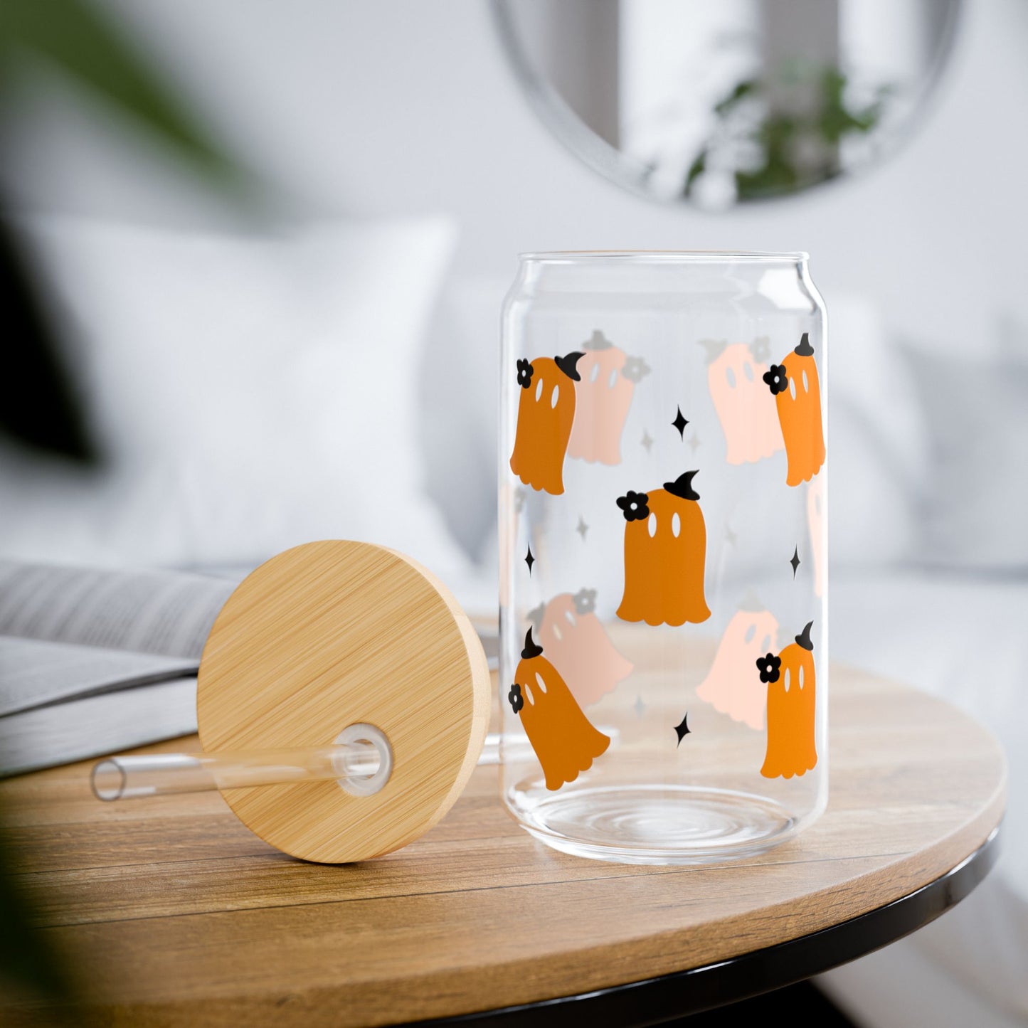 Ghosts 16oz Sipper Glass — Cute Boo Halloween Drinking Jar with Straw