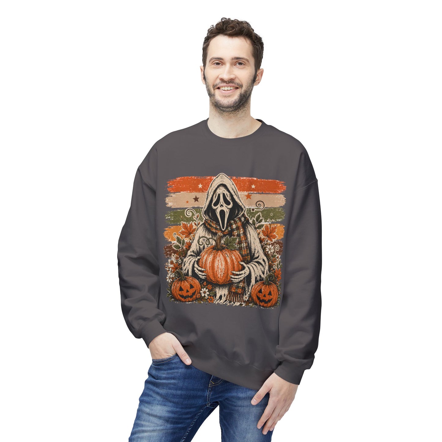 Halloween Scream Mask Crewneck Sweatshirt — Pumpkin & Jack-O'-Lantern Fall Graphic