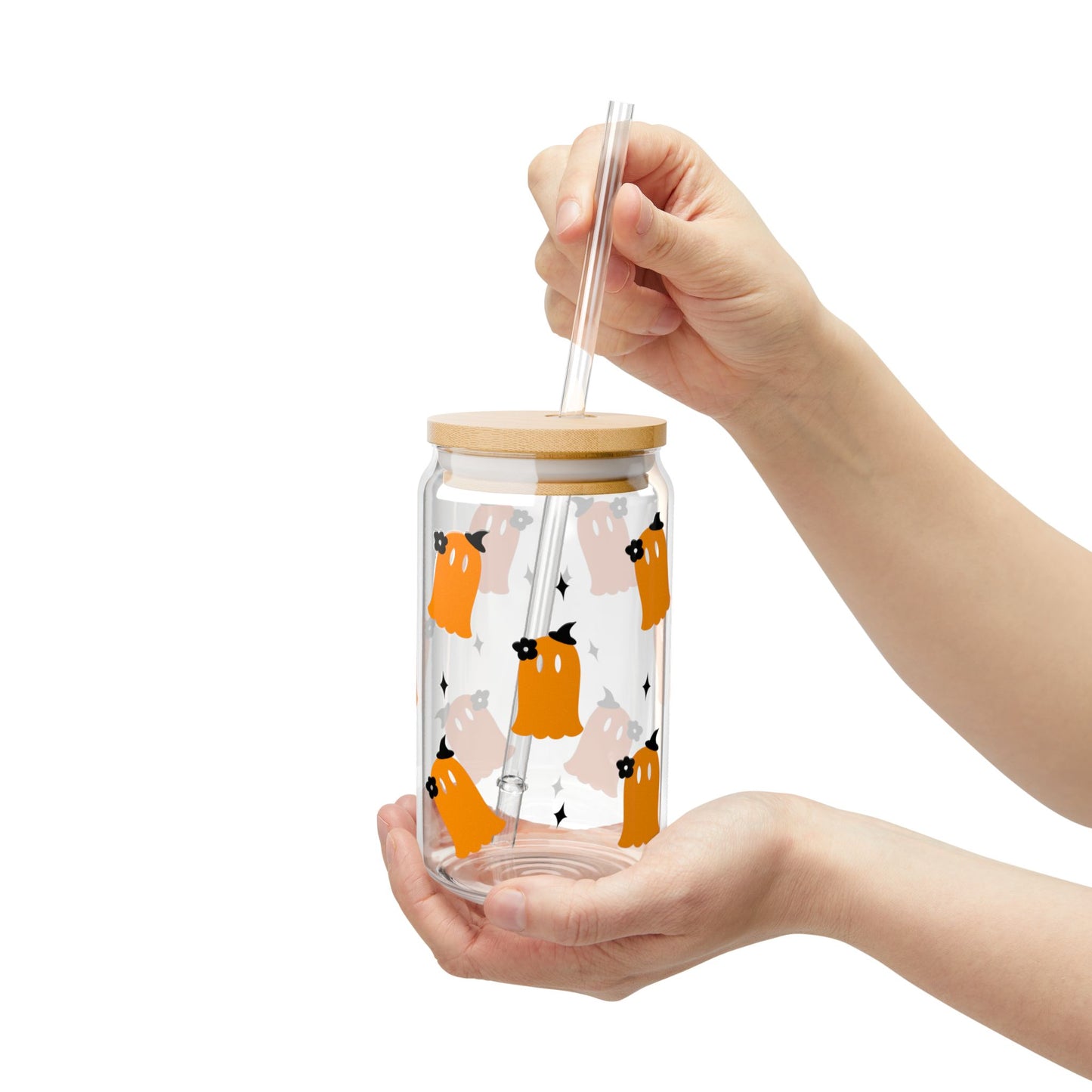 Ghosts 16oz Sipper Glass — Cute Boo Halloween Drinking Jar with Straw