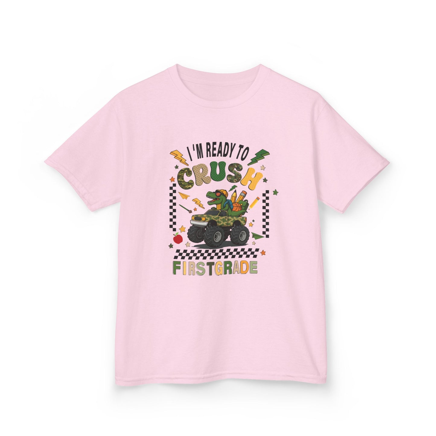 Kids Tee — “I’m Ready to Crush First Grade” Back-to-School Monster Truck Shirt