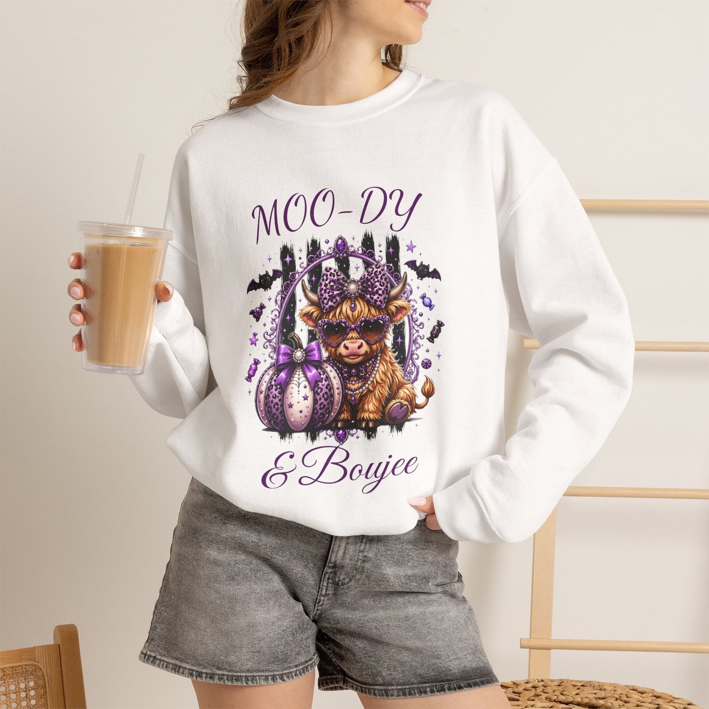 Halloween 'Moo-dy' Cow Crewneck Sweatshirt — Cute Spooky Cow Fall Pullover