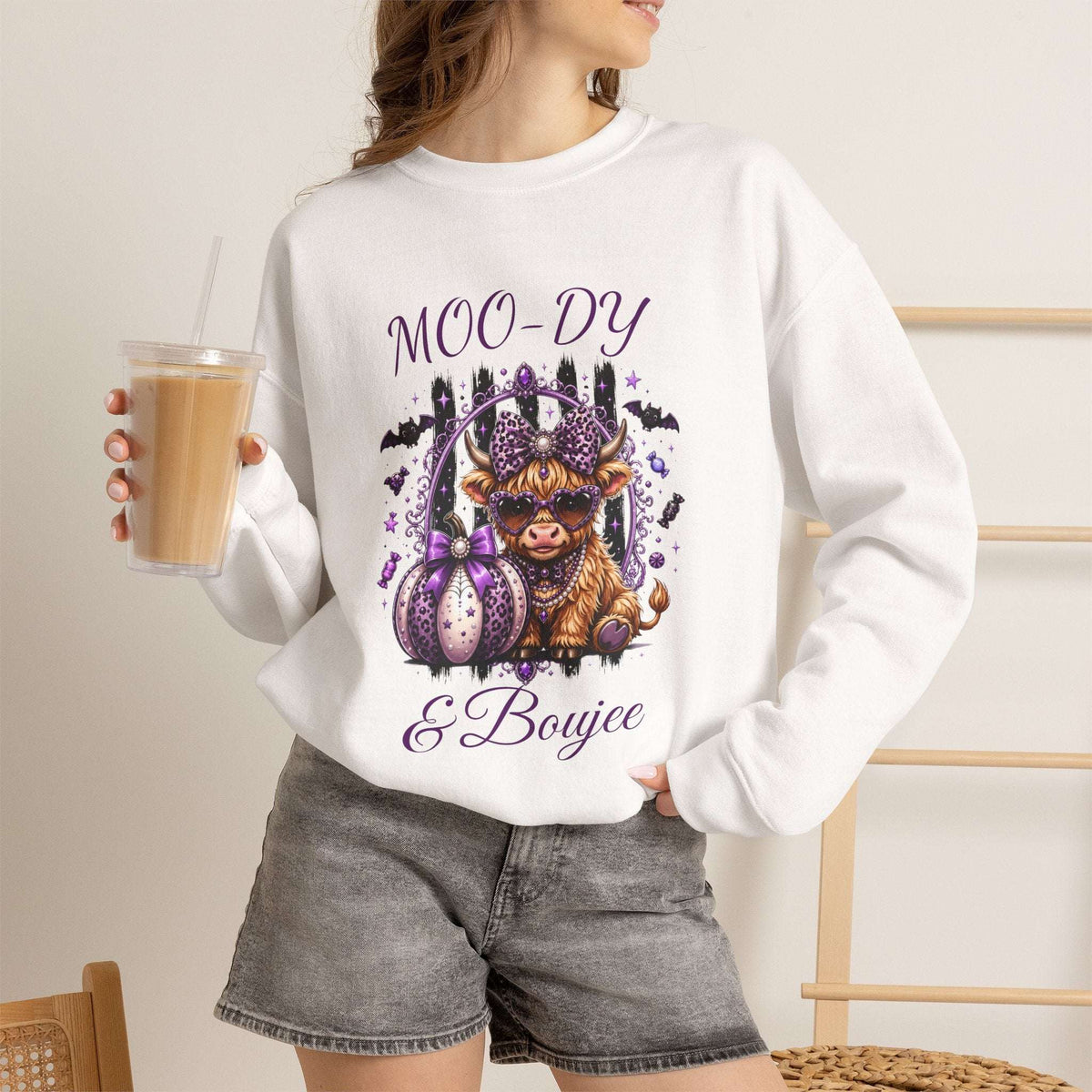 Halloween 'Moo-dy' Cow Crewneck Sweatshirt — Cute Spooky Cow Fall Pullover