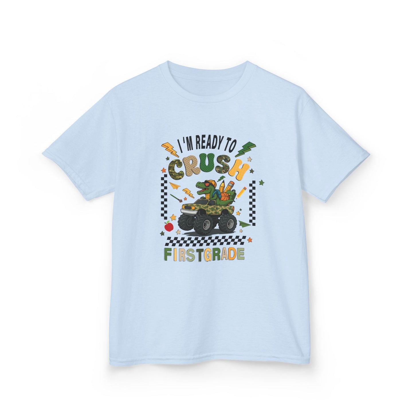 Kids Tee — “I’m Ready to Crush First Grade” Back-to-School Monster Truck Shirt