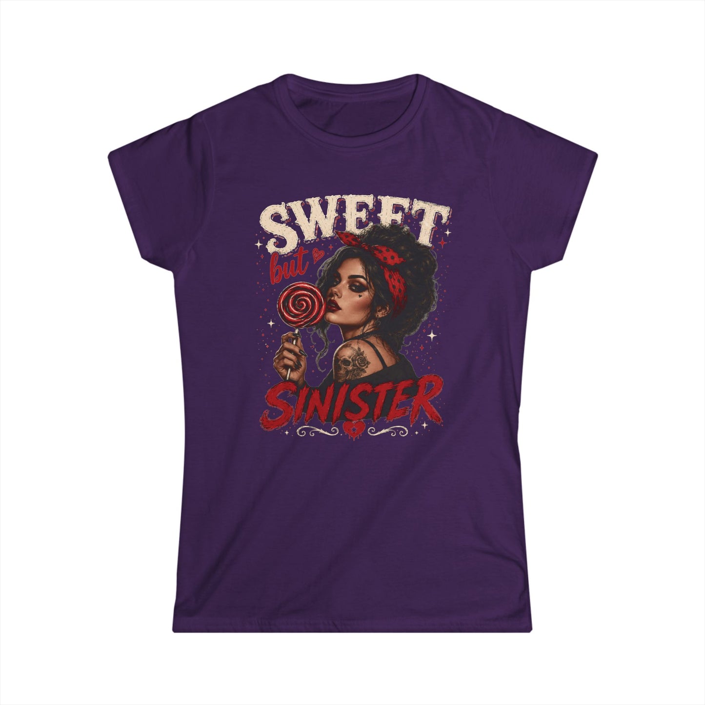 Sweet but Sinister Tee — Women's Graphic T-Shirt (Retro Pin-Up Girl with Lollipop)