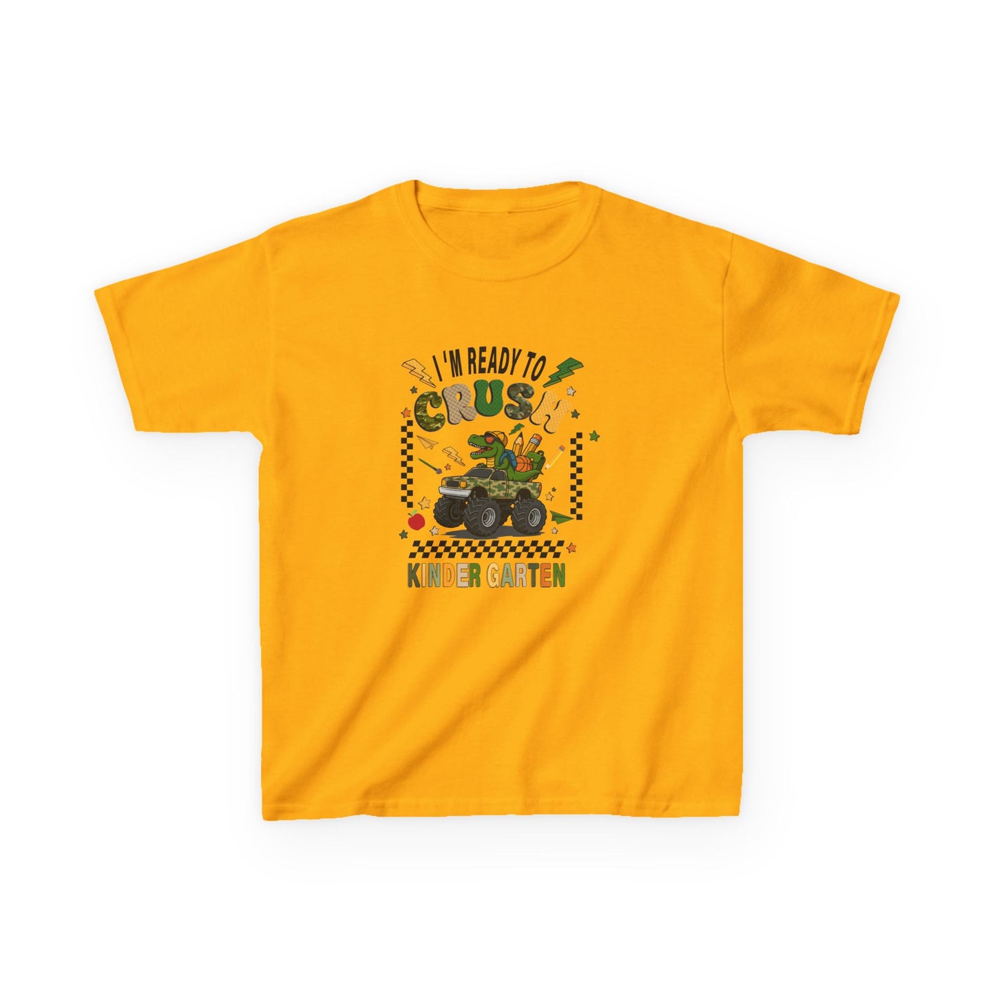 Kids T-Shirt — "I'm Ready to Crush Kindergarten" Dinosaur Monster Truck Back-to-School Tee
