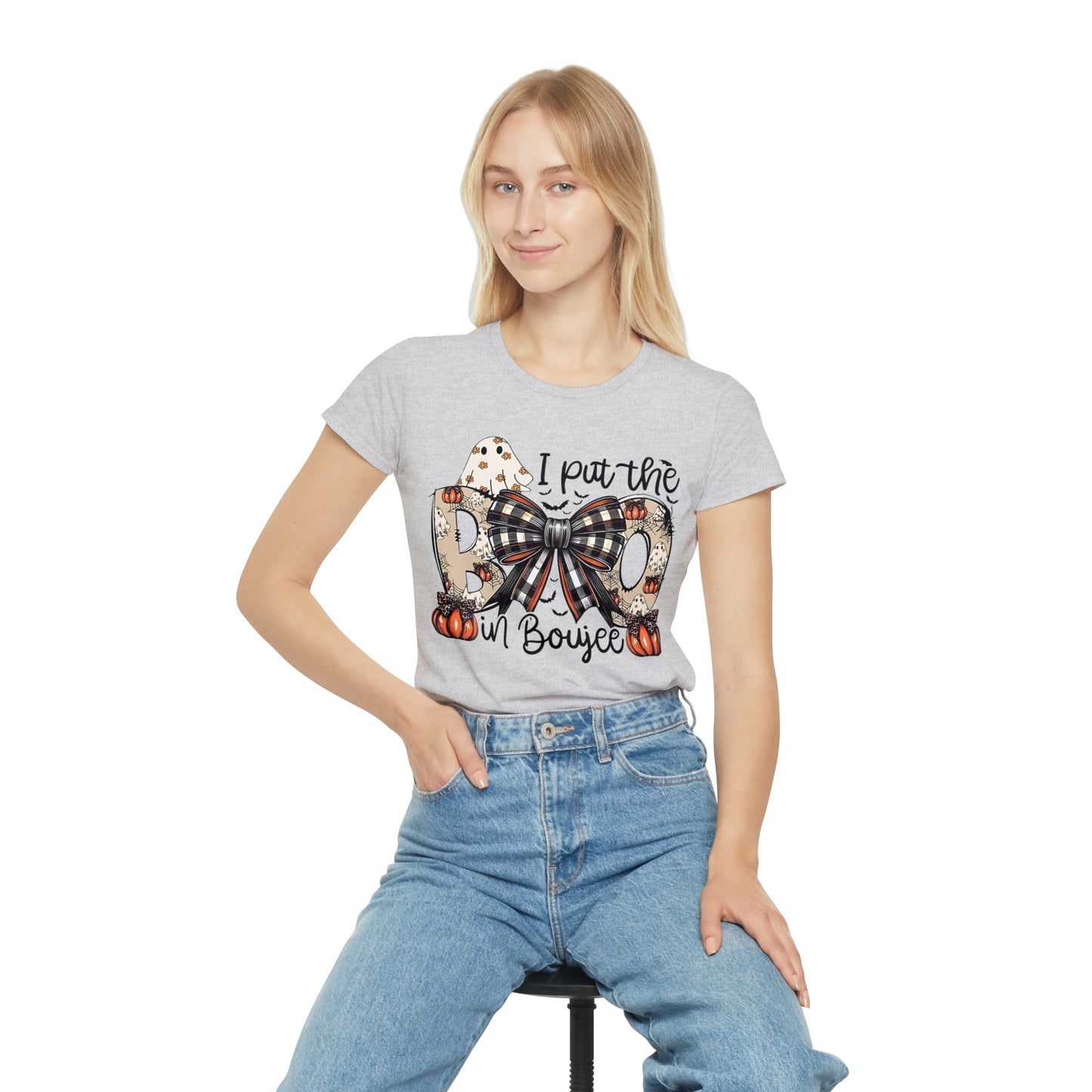 Women's Halloween "I Put the Boo in Boujee" T-Shirt — Plaid Bow Pumpkin Graphic