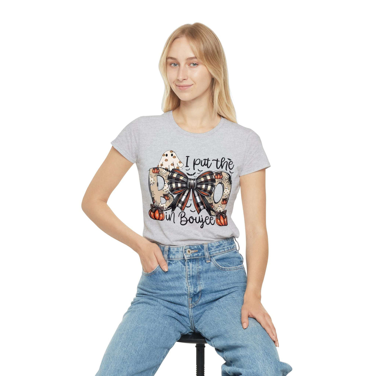 Women's Halloween "I Put the Boo in Boujee" T-Shirt — Plaid Bow Pumpkin Graphic