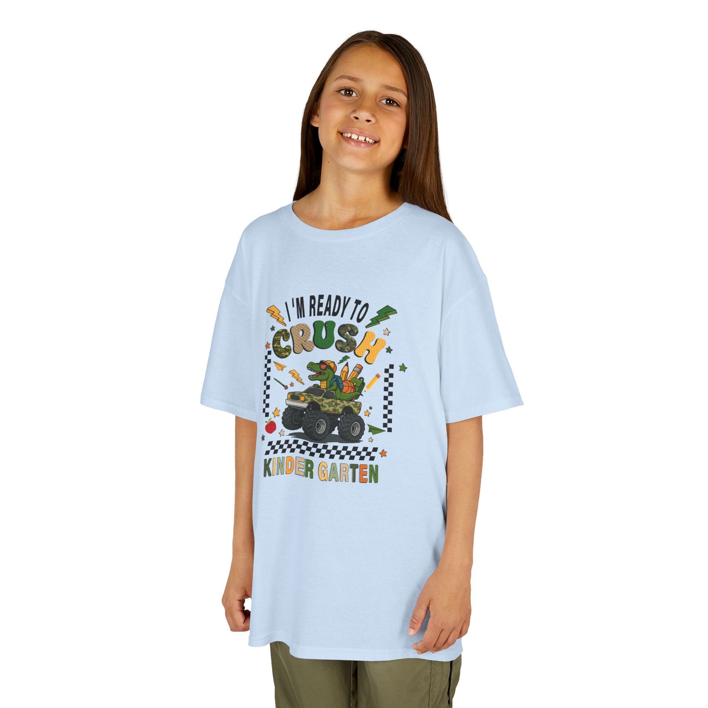 Kids T-Shirt — "I'm Ready to Crush Kindergarten" Dinosaur Monster Truck Back-to-School Tee