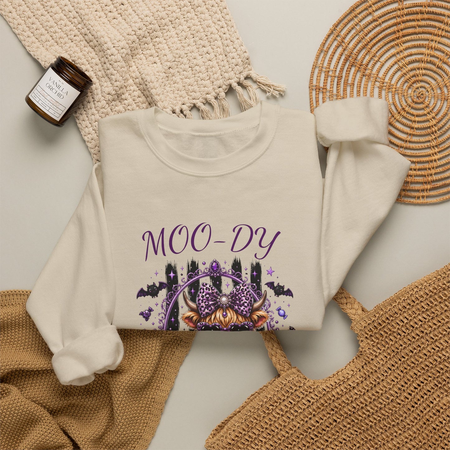 Halloween 'Moo-dy' Cow Crewneck Sweatshirt — Cute Spooky Cow Fall Pullover