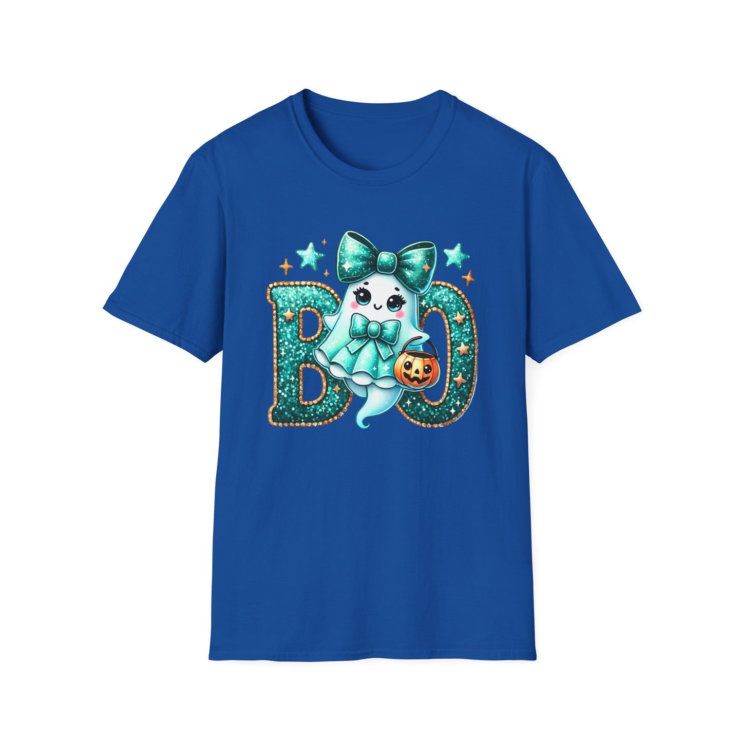 BOO Ghost T‑Shirt — Cute Teal Bow Halloween Tee