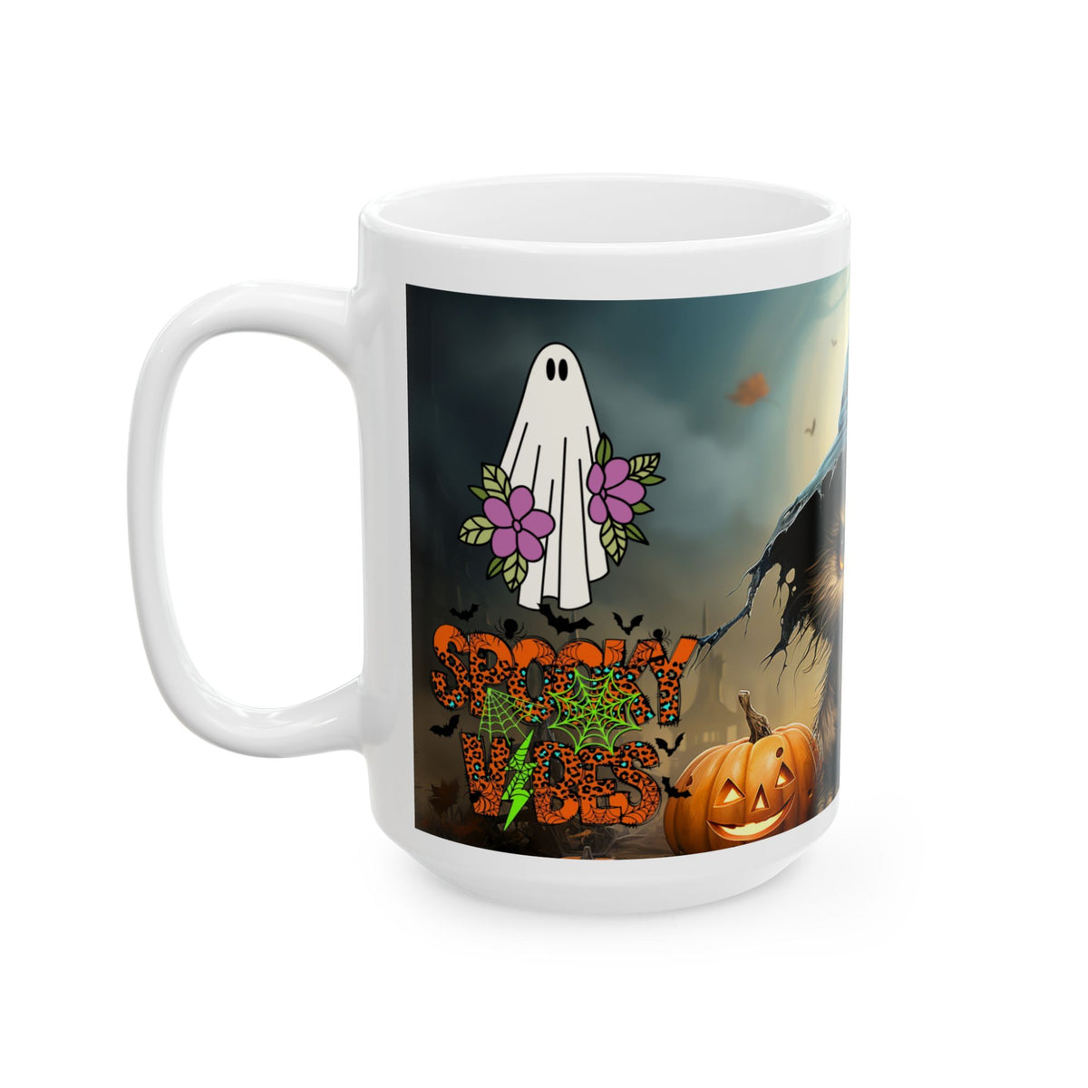 Halloween Cat Ceramic Mug — Witch Hat Kitty with Pumpkins (11oz/15oz)