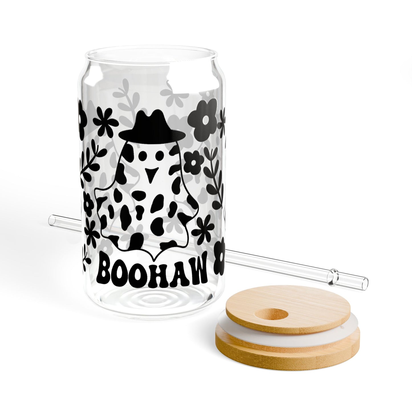 Boohaw Cow Skull 16oz Glass Sipper — Halloween Western Floral