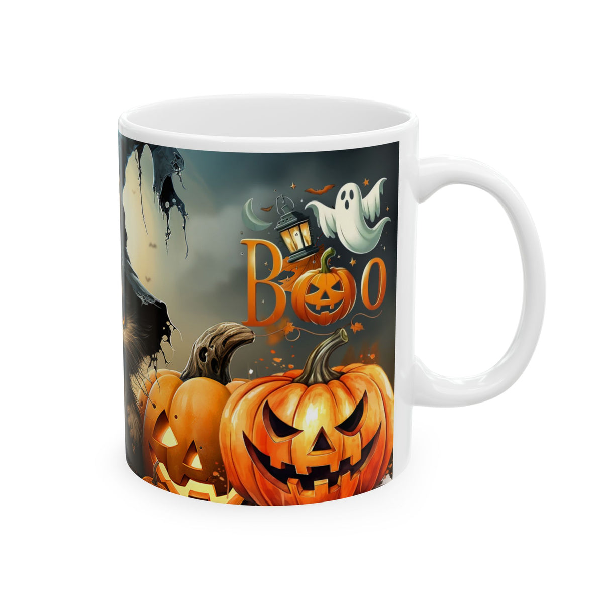 Halloween Cat Ceramic Mug — Witch Hat Kitty with Pumpkins (11oz/15oz)