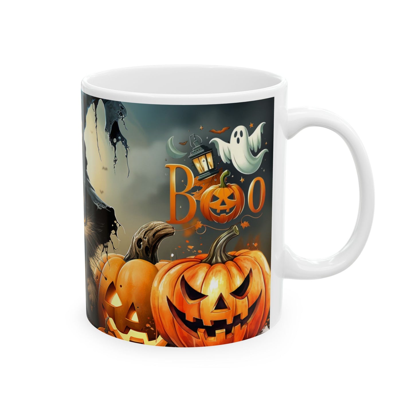 Halloween Cat Ceramic Mug — Witch Hat Kitty with Pumpkins (11oz/15oz)