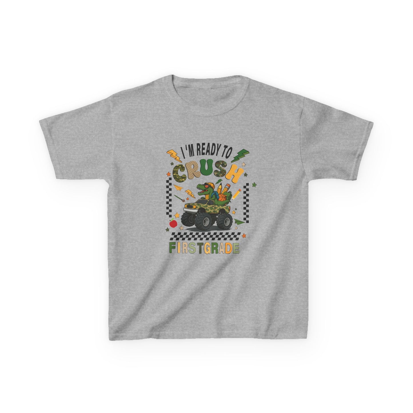 Kids Tee — “I’m Ready to Crush First Grade” Back-to-School Monster Truck Shirt