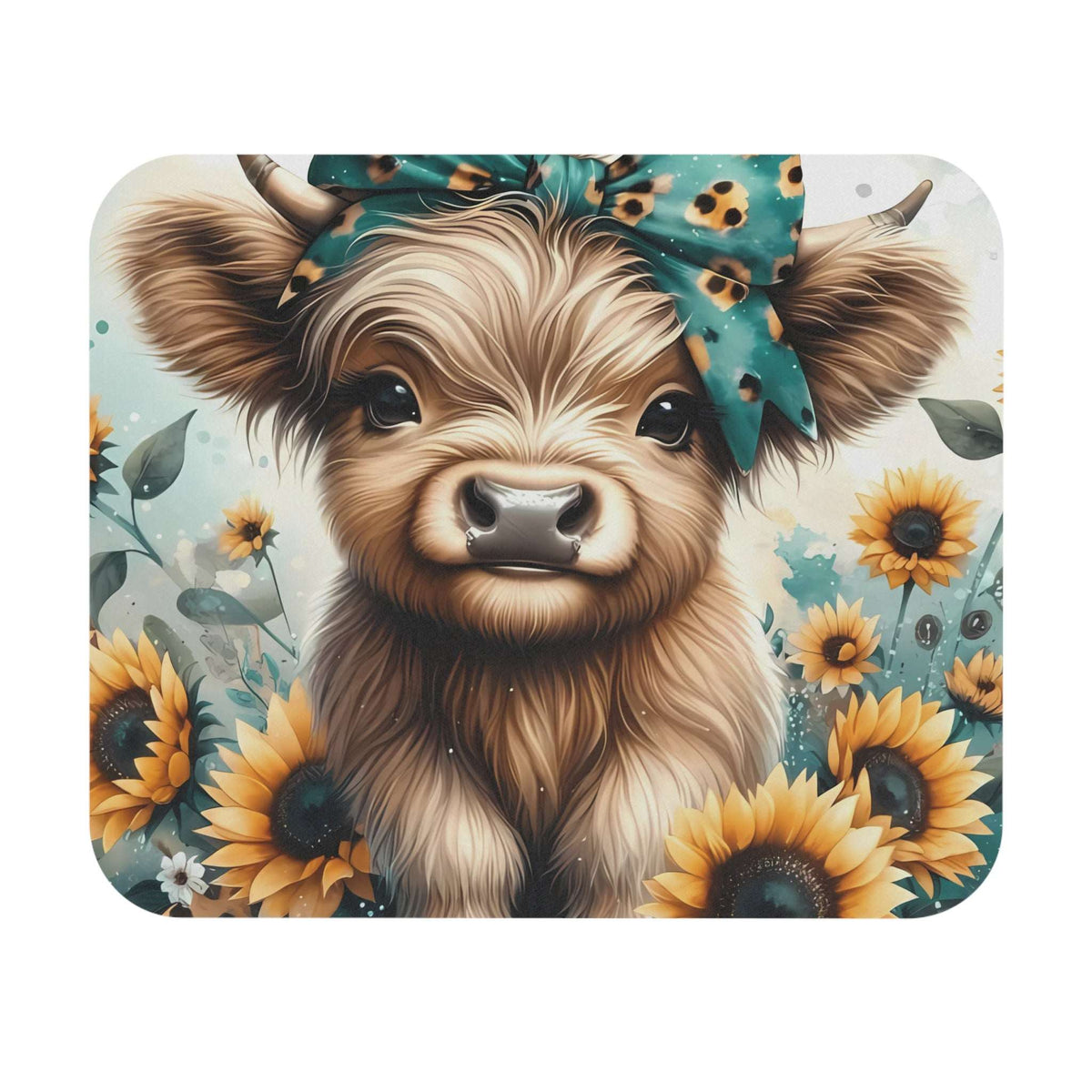 Cute Highland Cow Mouse Pad — Sunflower Desk Mat for Animal Lovers