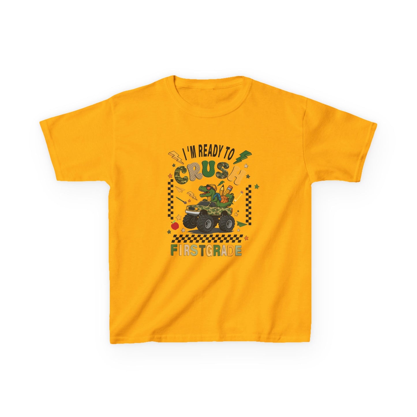 Kids Tee — “I’m Ready to Crush First Grade” Back-to-School Monster Truck Shirt