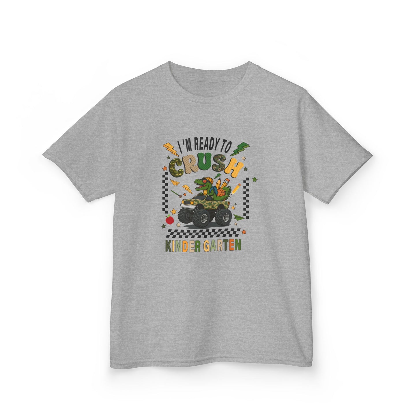 Kids T-Shirt — "I'm Ready to Crush Kindergarten" Dinosaur Monster Truck Back-to-School Tee