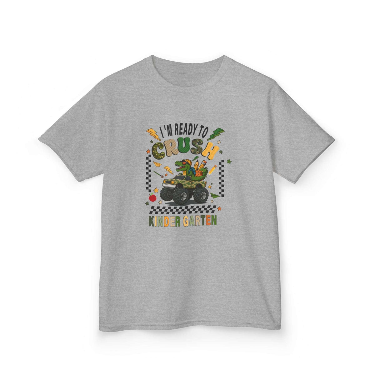 Kids T-Shirt — "I'm Ready to Crush Kindergarten" Dinosaur Monster Truck Back-to-School Tee