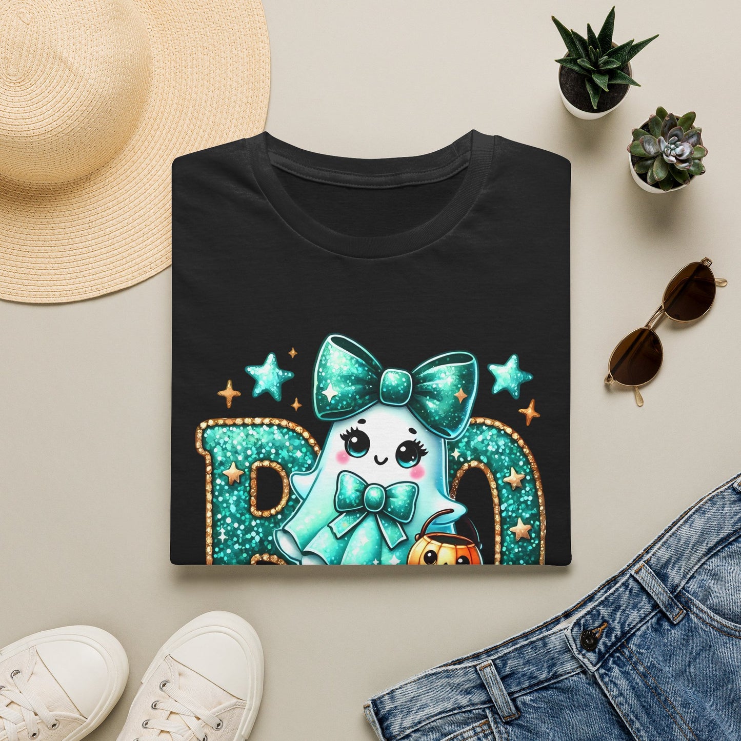 BOO Ghost T‑Shirt — Cute Teal Bow Halloween Tee