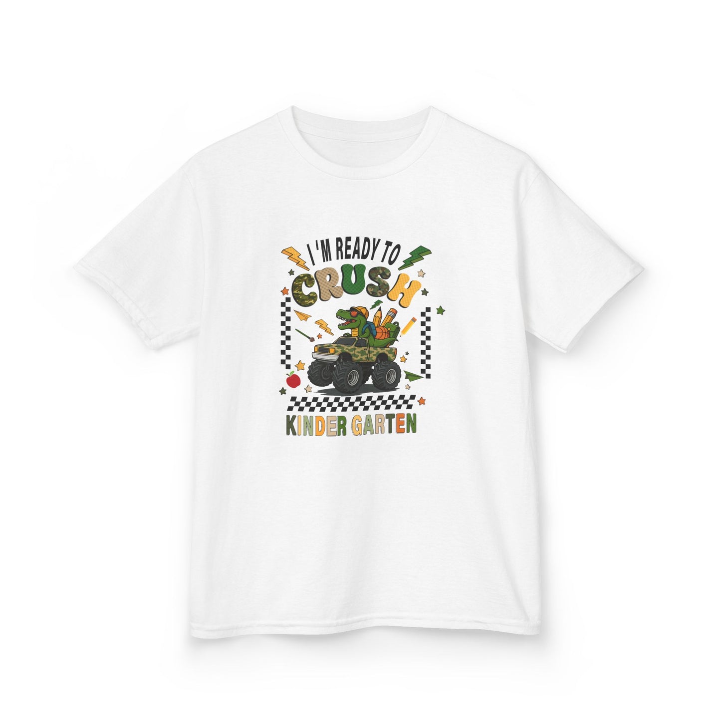 Kids T-Shirt — "I'm Ready to Crush Kindergarten" Dinosaur Monster Truck Back-to-School Tee