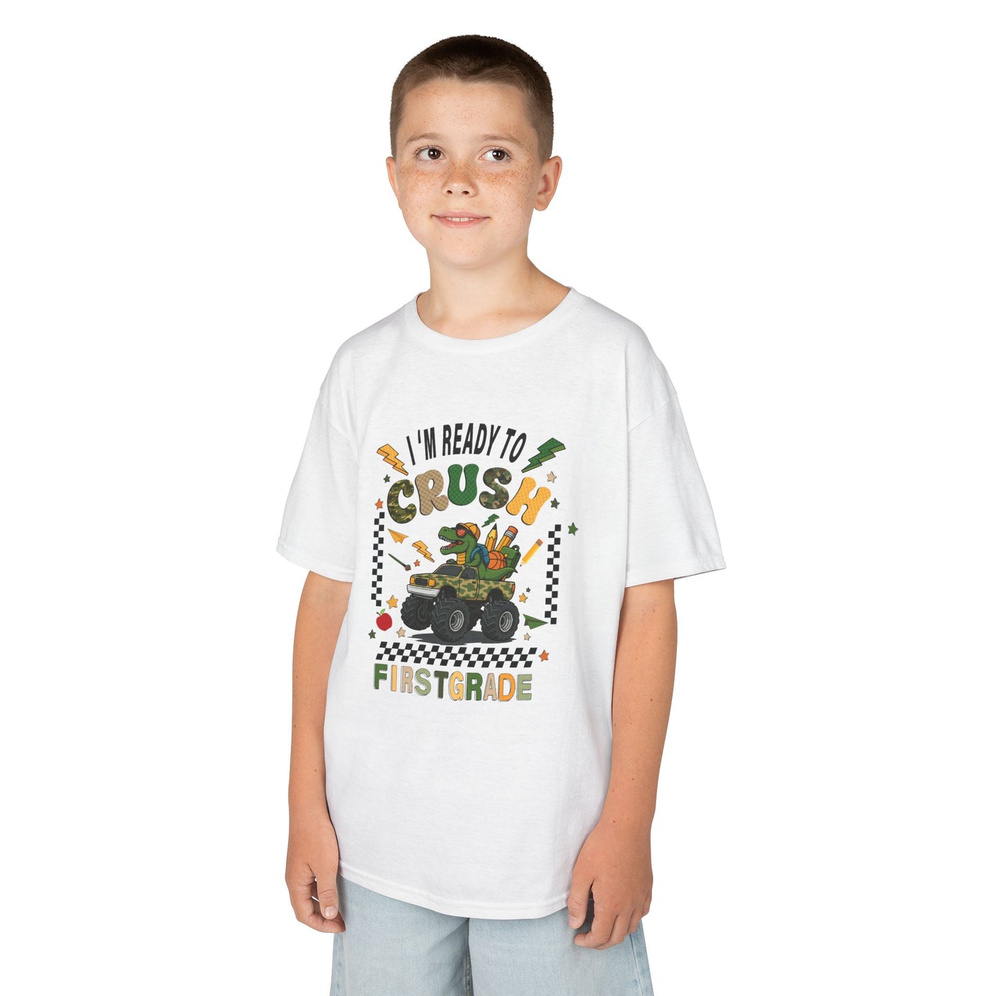 Kids Tee — “I’m Ready to Crush First Grade” Back-to-School Monster Truck Shirt