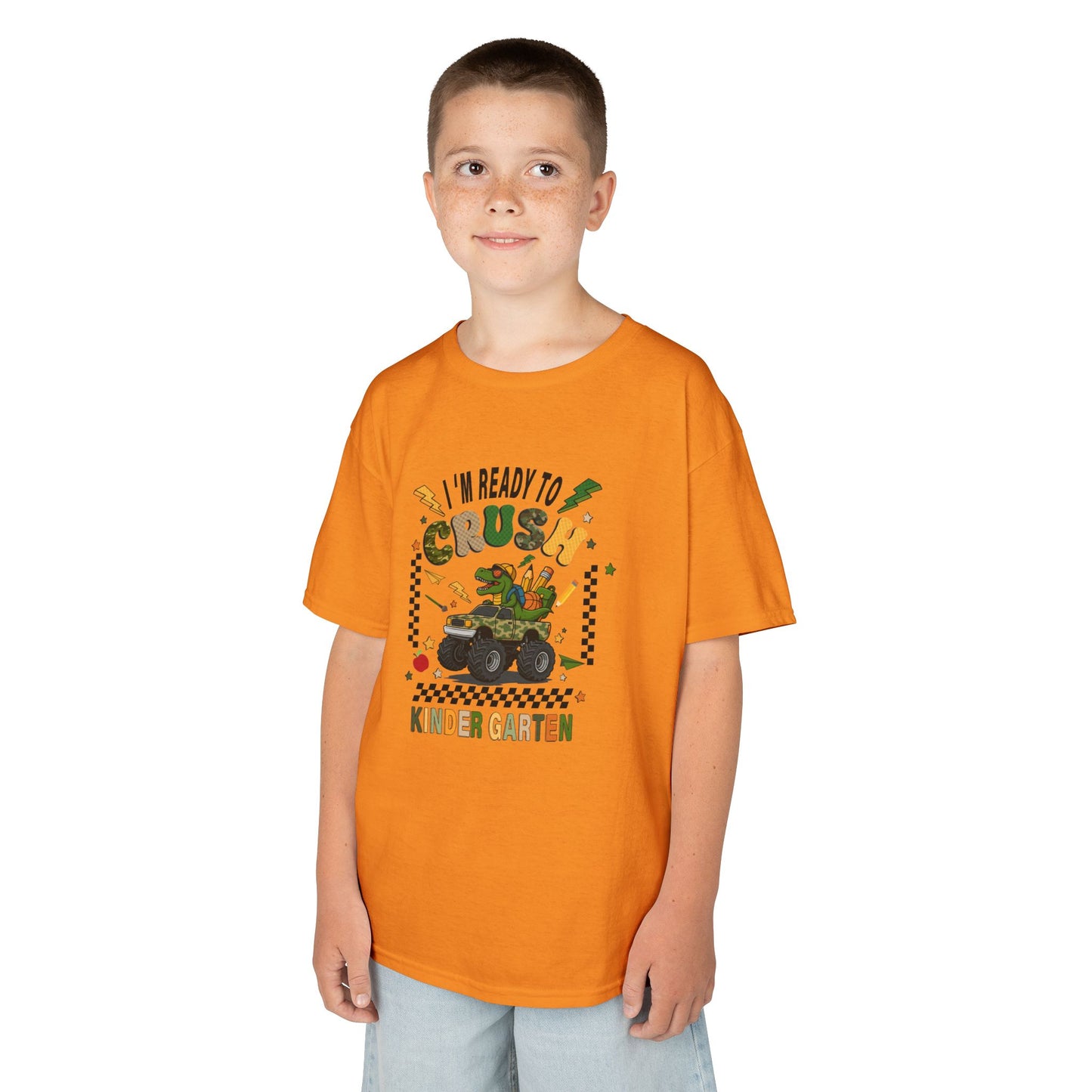 Kids T-Shirt — "I'm Ready to Crush Kindergarten" Dinosaur Monster Truck Back-to-School Tee