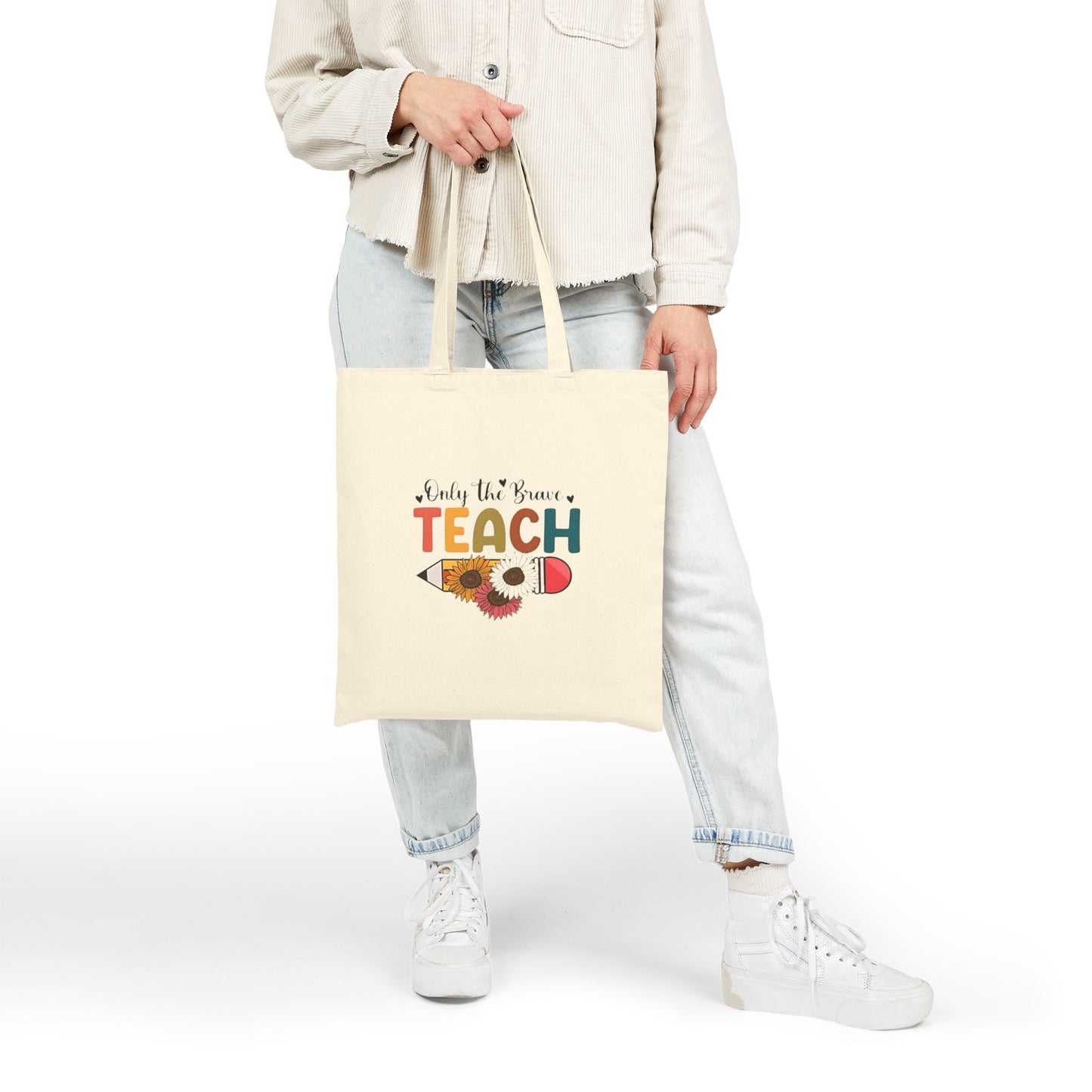 Only the Brave Teach Floral Pencil Canvas Tote — Teacher Gift Cotton Tote