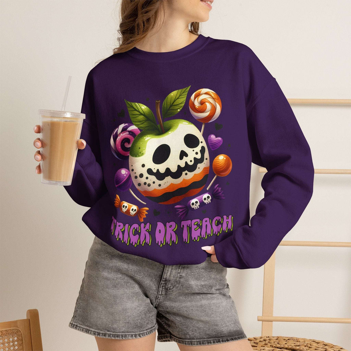 Trick or Teach Teacher Sweatshirt — Candy Apple “Trick or Treat” Crewneck