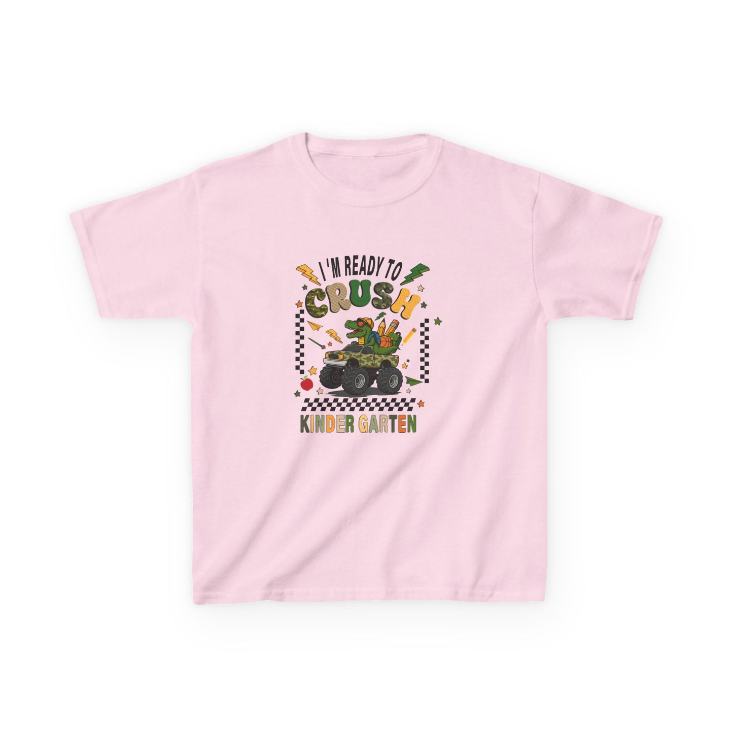 Kids T-Shirt — "I'm Ready to Crush Kindergarten" Dinosaur Monster Truck Back-to-School Tee