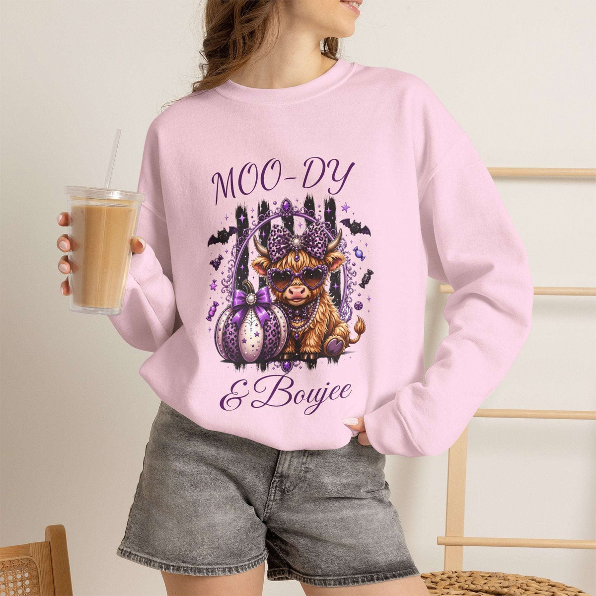 Halloween 'Moo-dy' Cow Crewneck Sweatshirt — Cute Spooky Cow Fall Pullover