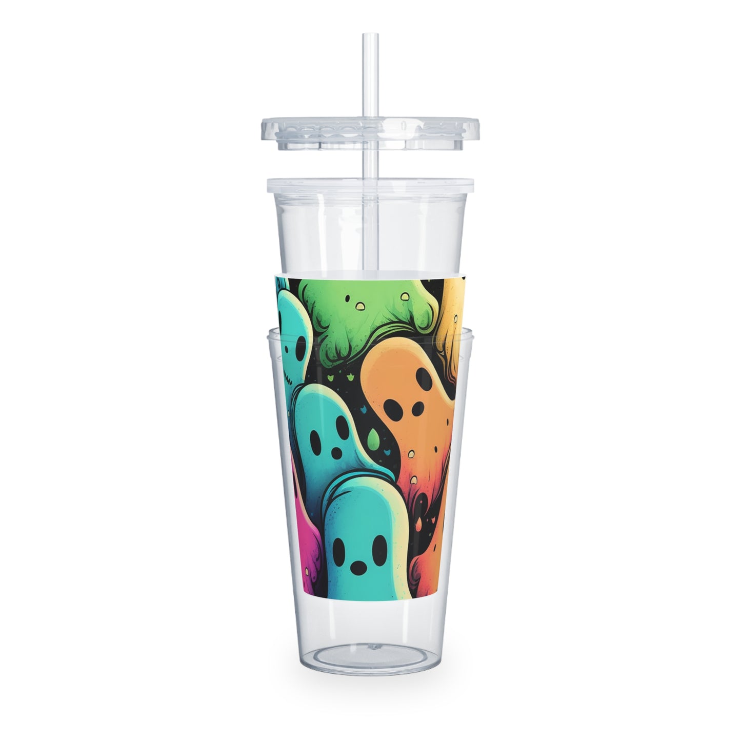 Ghost Crew Plastic Tumbler with Straw — Colorful Cute Ghosts Travel Cup