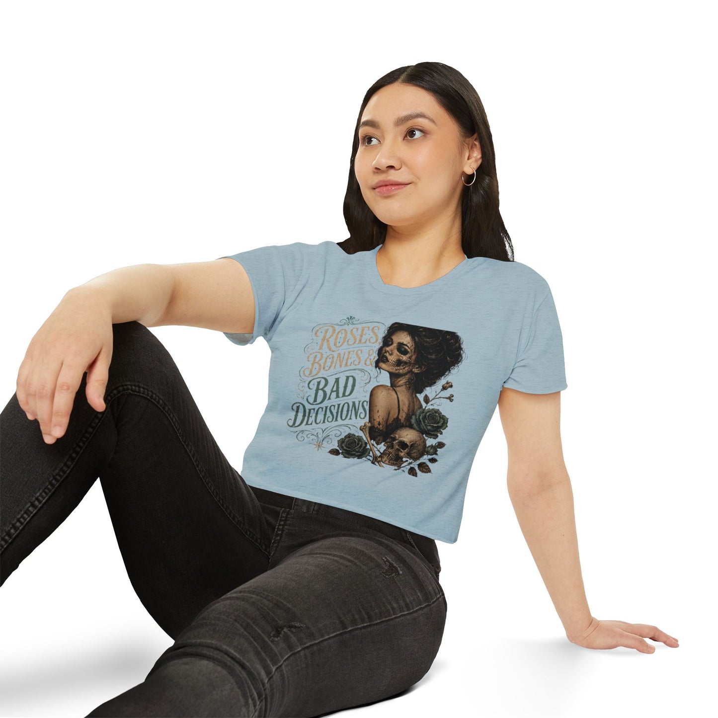 Roses Bones & Bad Decisions Crop Top — Gothic Skull Floral Festival Tee I