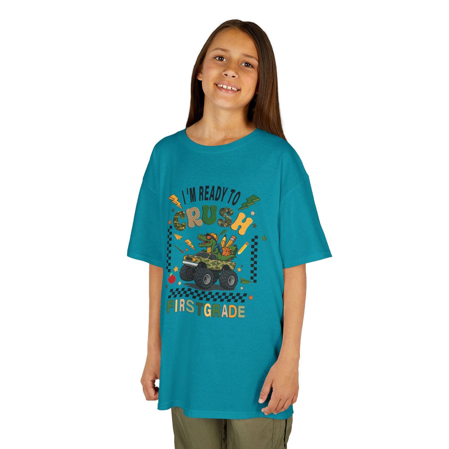 Kids Tee — “I’m Ready to Crush First Grade” Back-to-School Monster Truck Shirt