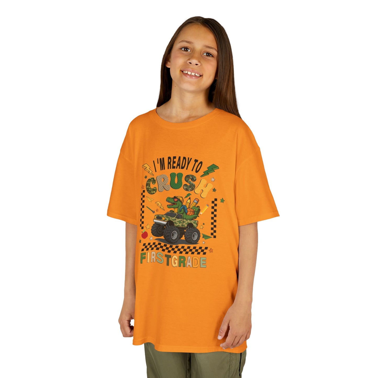 Kids Tee — “I’m Ready to Crush First Grade” Back-to-School Monster Truck Shirt