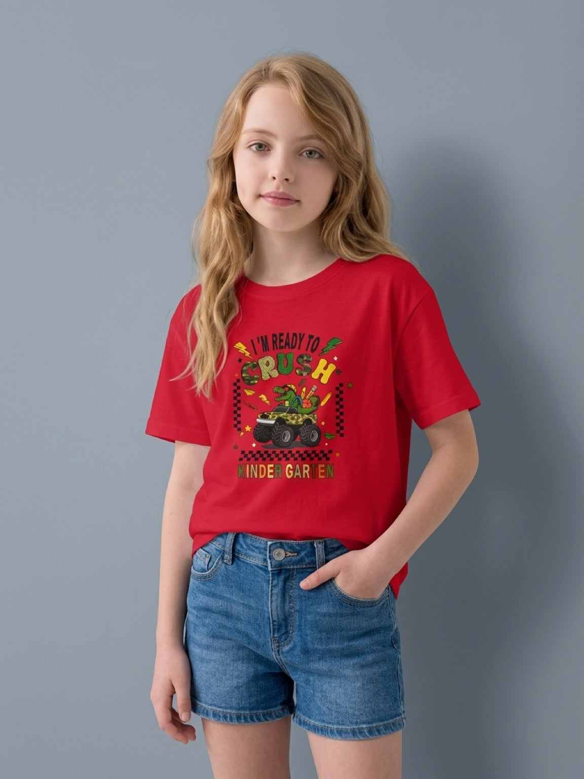 Kids T-Shirt — "I'm Ready to Crush Kindergarten" Dinosaur Monster Truck Back-to-School Tee