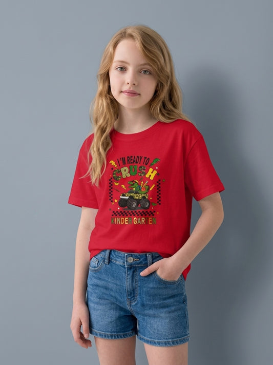Kids T-Shirt — "I'm Ready to Crush Kindergarten" Dinosaur Monster Truck Back-to-School Tee