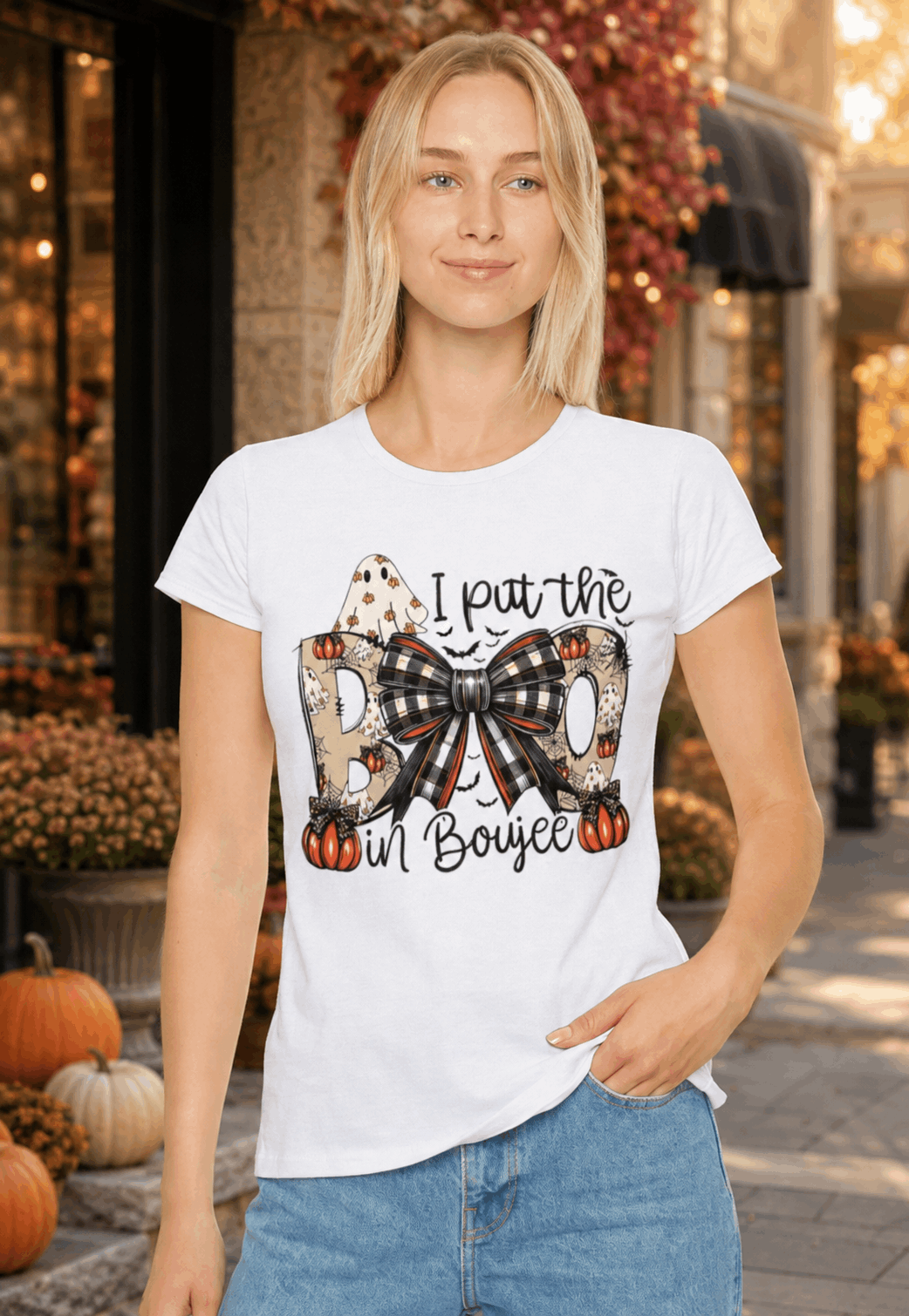 Women's Halloween "I Put the Boo in Boujee" T-Shirt — Plaid Bow Pumpkin Graphic