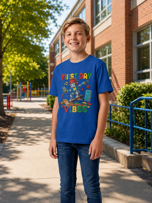 "First Day Vibes" Skateboard Robot Youth Tee